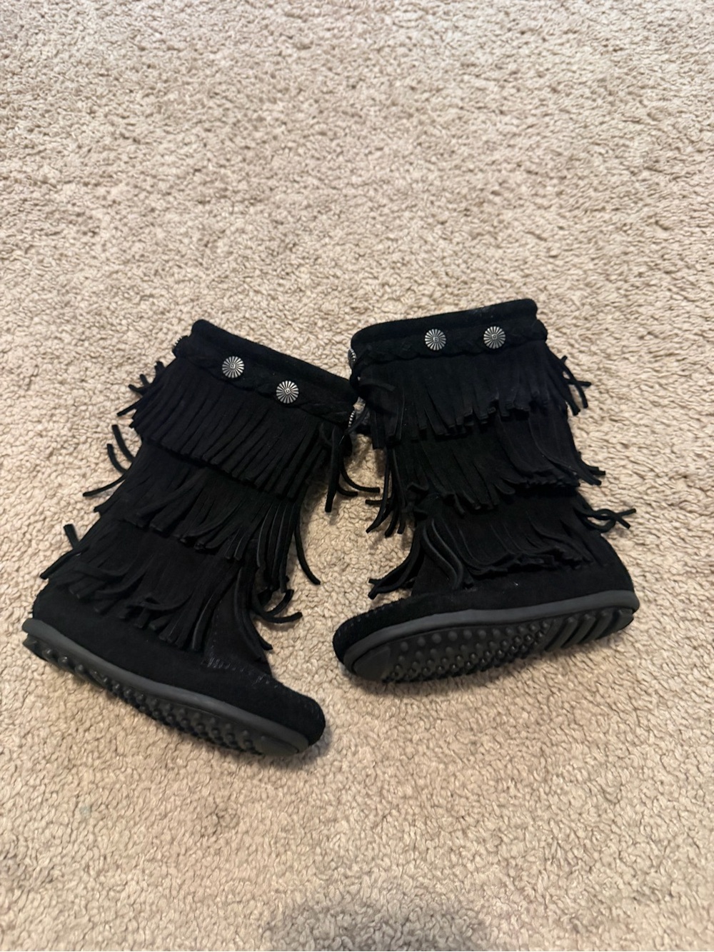 Minnetonka Black Fringe Moccasin Boots for Kids
